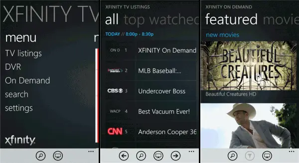 comcast xfinity tv app windows phone screens