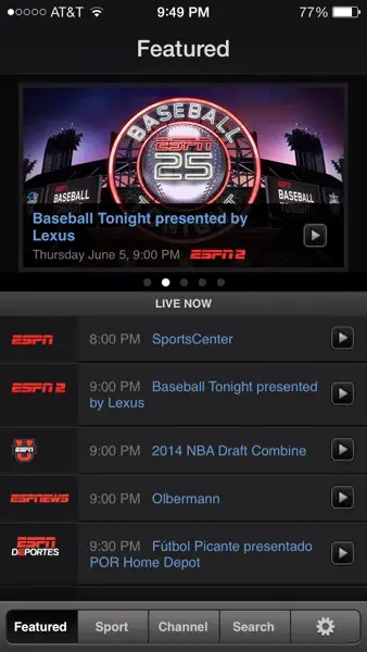 WatchESPN app programming screen