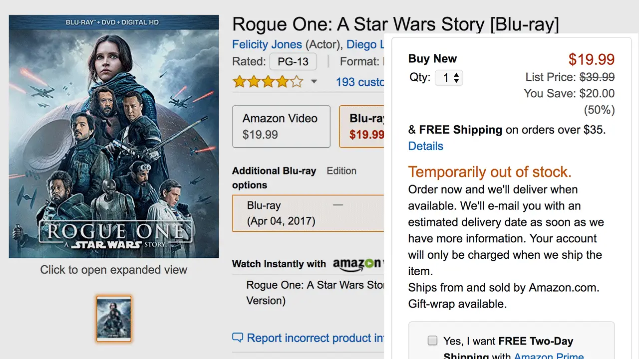 ‘Rogue One: A Star Wars Story’ Out-of-Stock at Amazon | HD Report