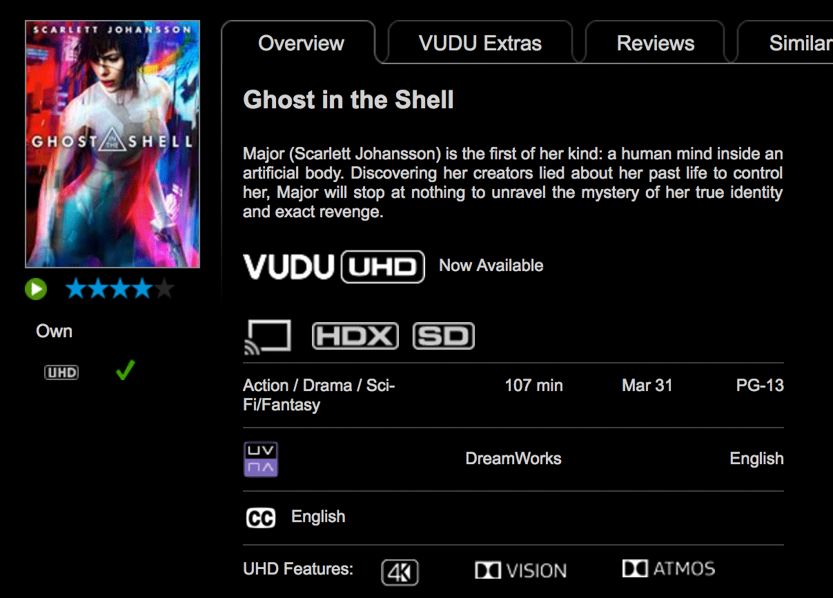 Ghost In The Shell Digital Code Redeems 4k Uhd On Vudu Hd