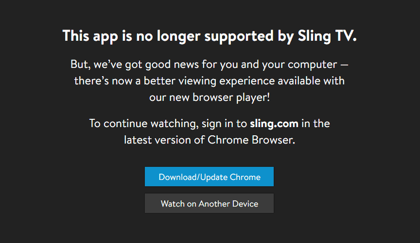 sling tv windows 10 app not available