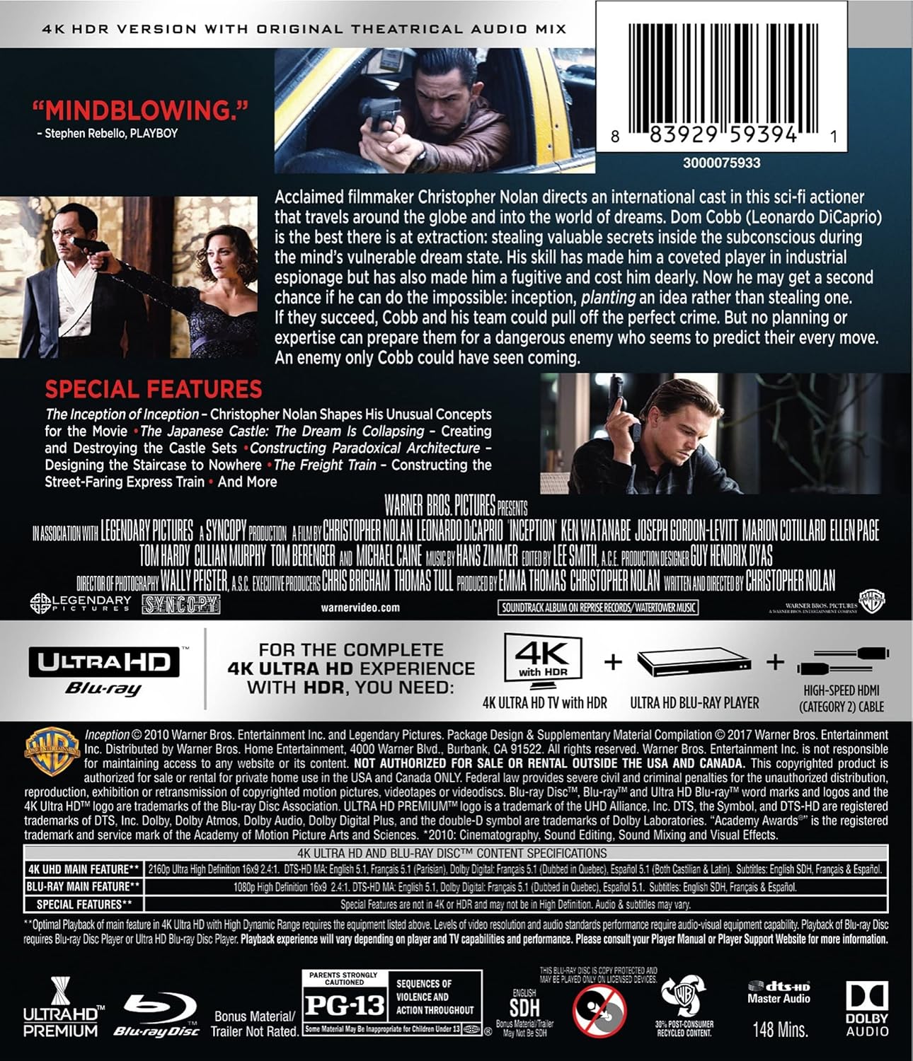 Inception 2010 4k Blu-ray specs