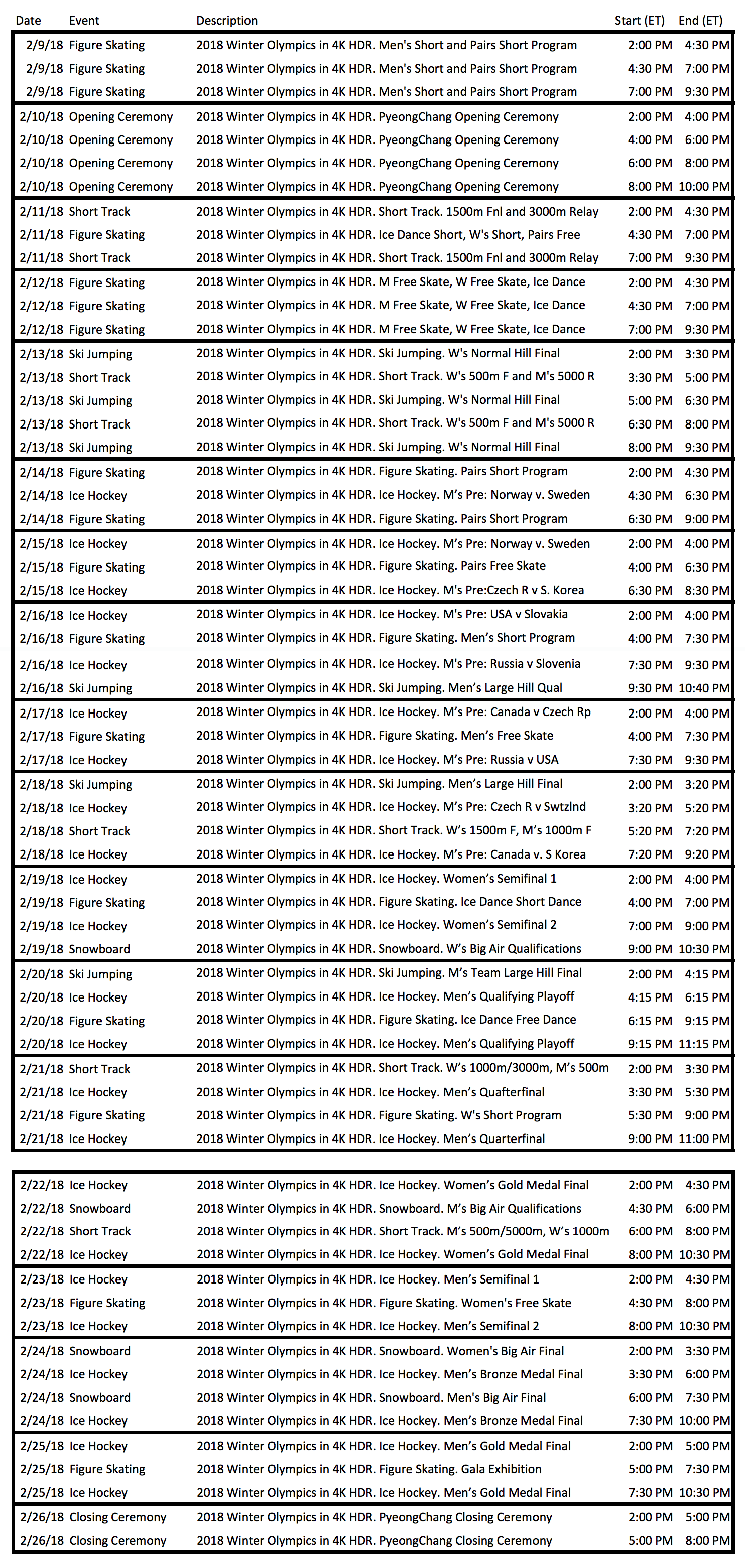 directv 2018 winter olympics 4k hdr schedule