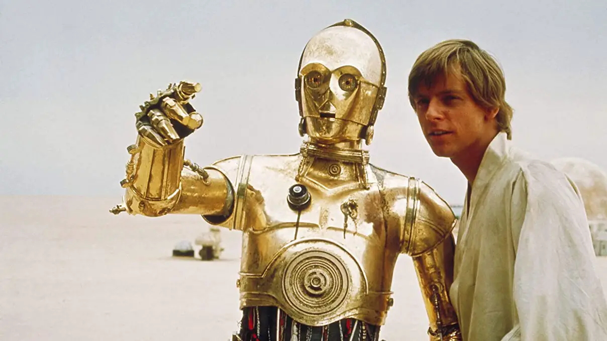 "Star Wars: A New Hope" (1977) starring Anthony Daniels and Mark Hamill