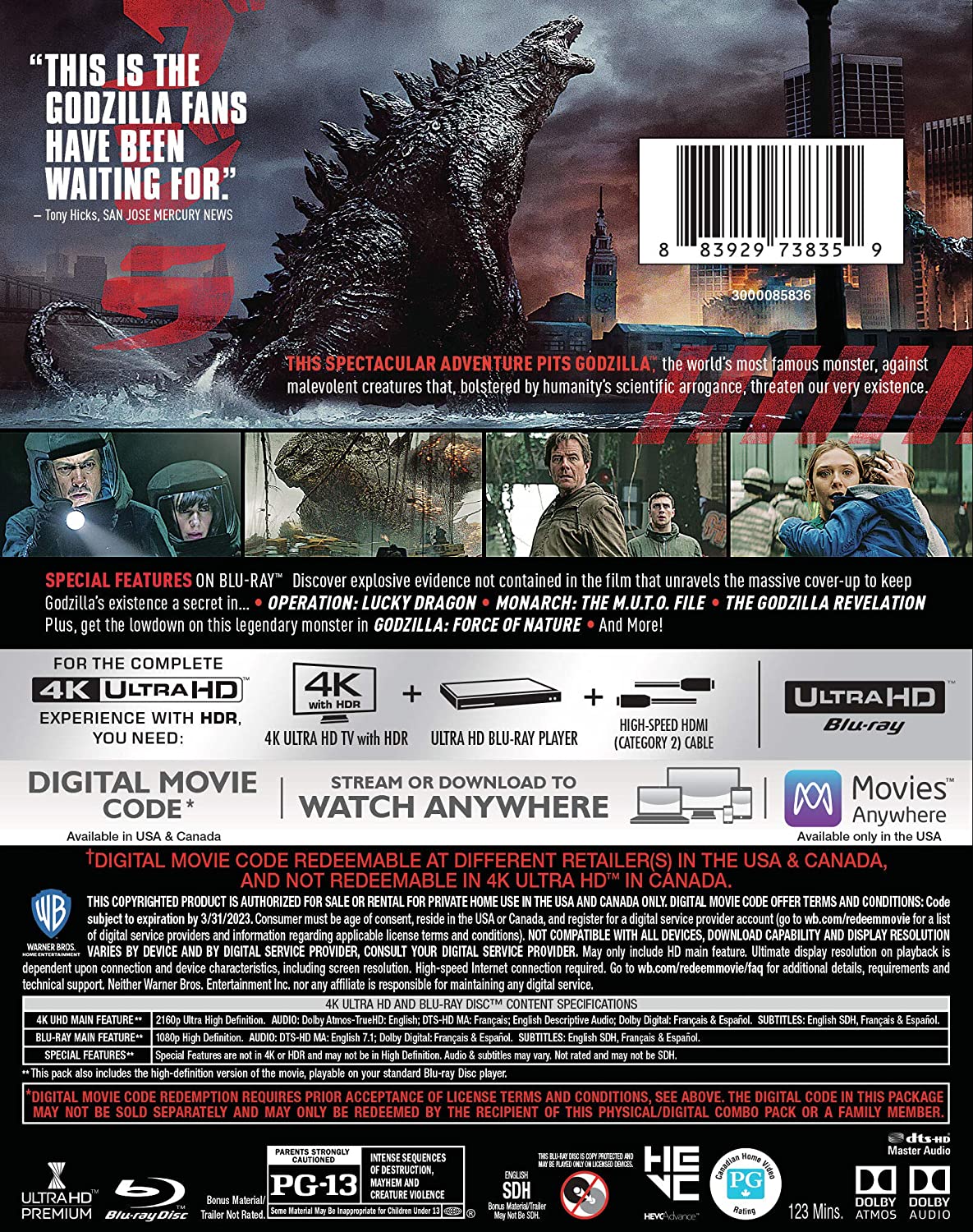 Godzilla 2014 4k Blu-ray back