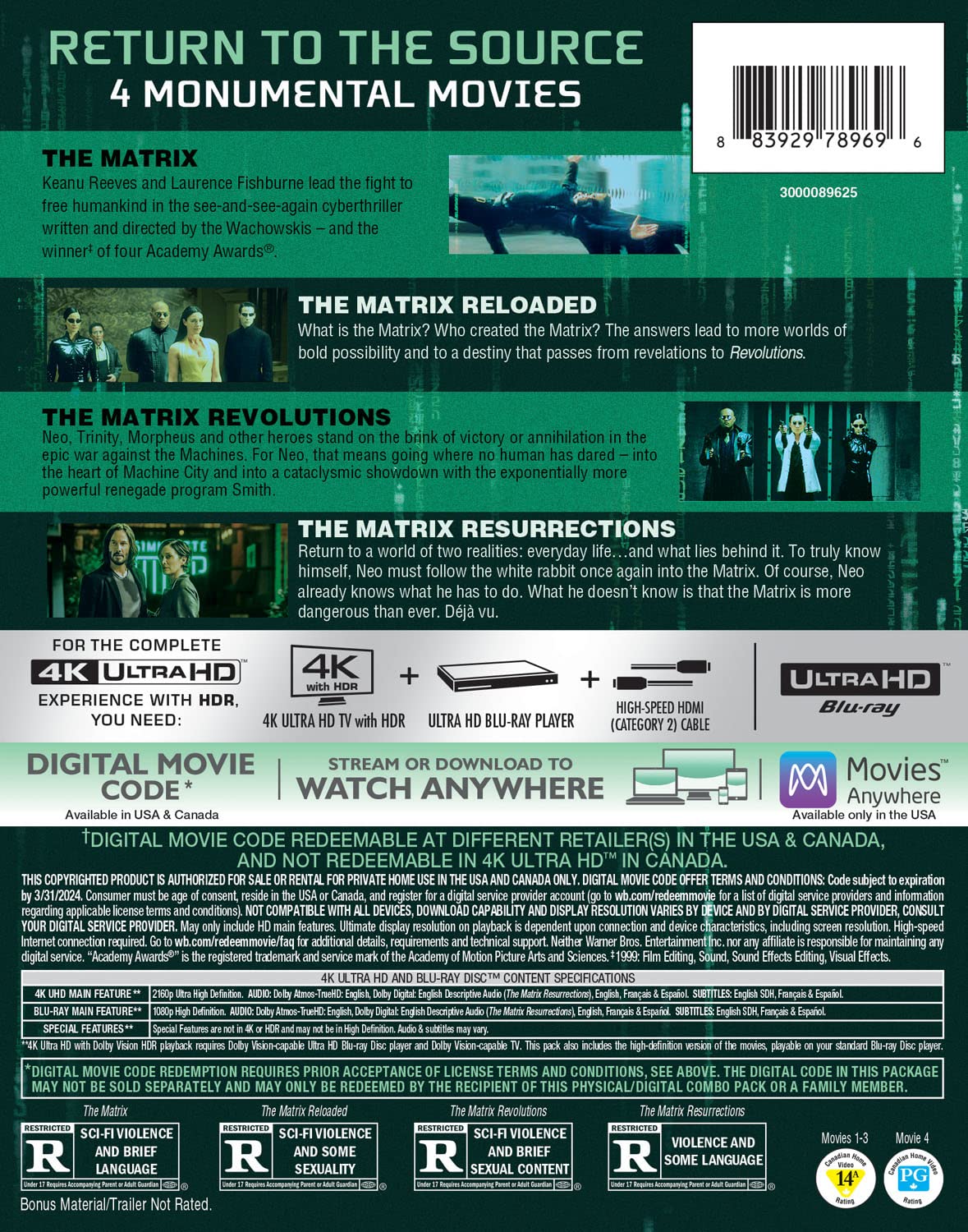 The Matrix 4-Film Déjà Vu Collection 4k Blu-ray back