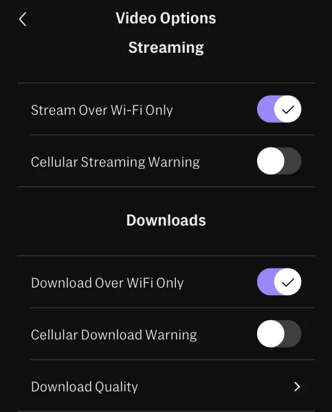 Max app settings stream over wi-fi