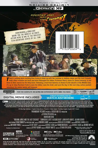 Indiana Jones and the Last Crusade Limited-Edition 4k Steelbook reverse