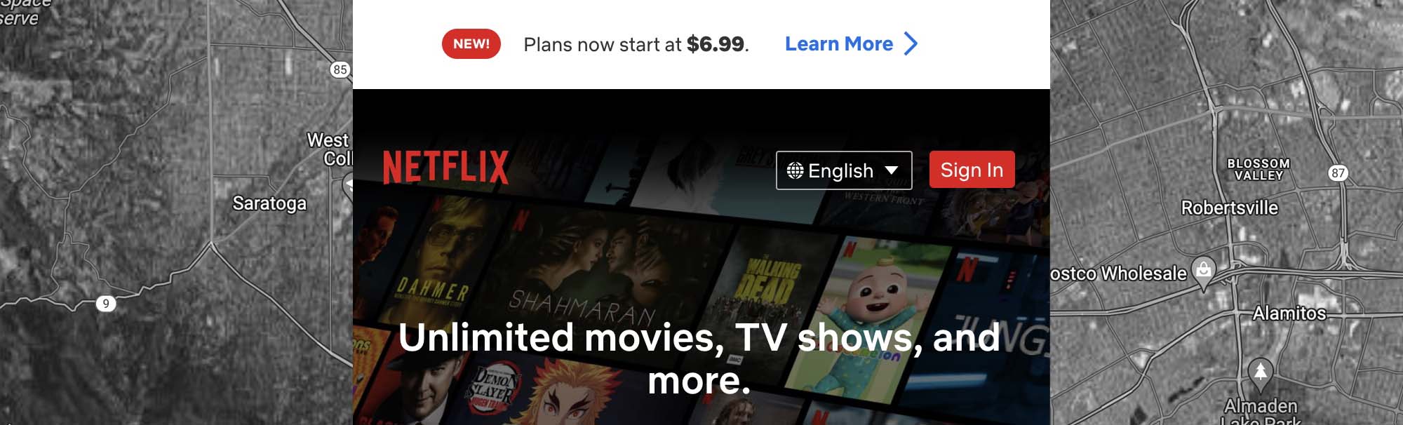 Netflix sign-up $6.99 with map