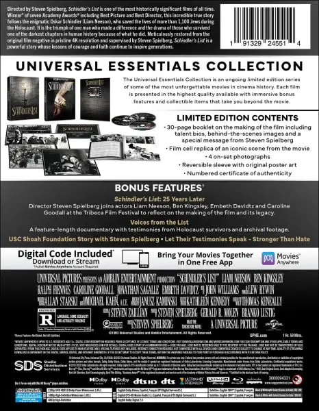 Schindlers List Universal Essentials Collection 4k Blu-ray specs