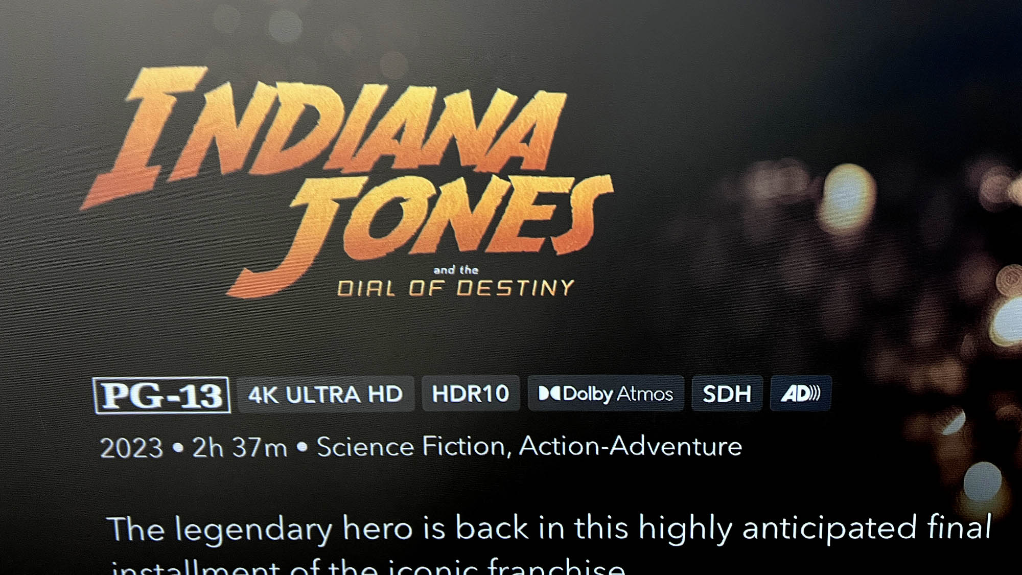 Indiana Jones and the Dial of Destiny Disney Plus HDR10 Epson LS800 Apple TV