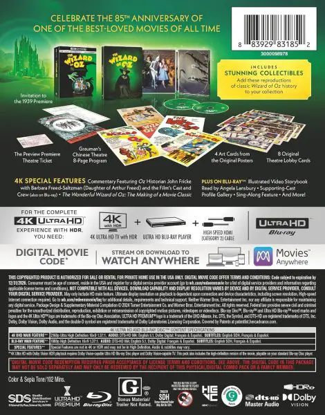 The Wizard of OZ - 4k UHD 85th Anniversary Theater Edition specs