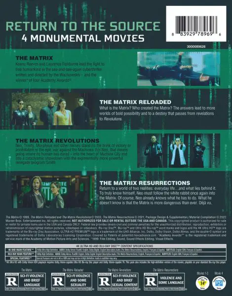 The Matrix The 4-Film Déjà vu Collection 4k UHD specs