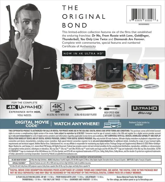 James Bond Sean Connery 6-Film Collection 4k SteelBook specs