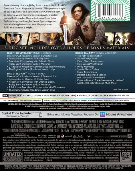 Kingdom Of Heaven Directors Cut 3 Discs 4k UHD specs