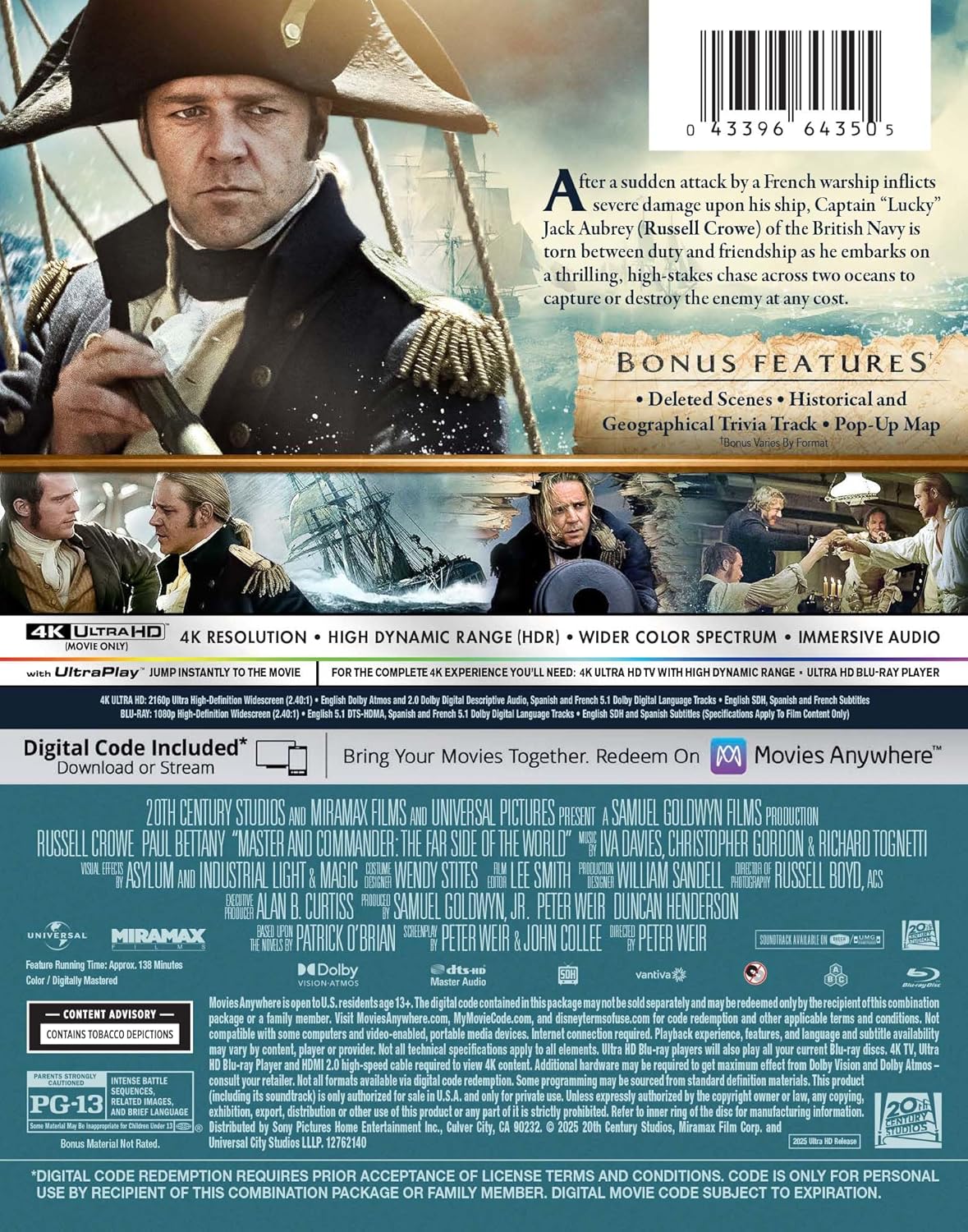 Master and Commander The Far Side of the World - 4K UHD BD Digital specs