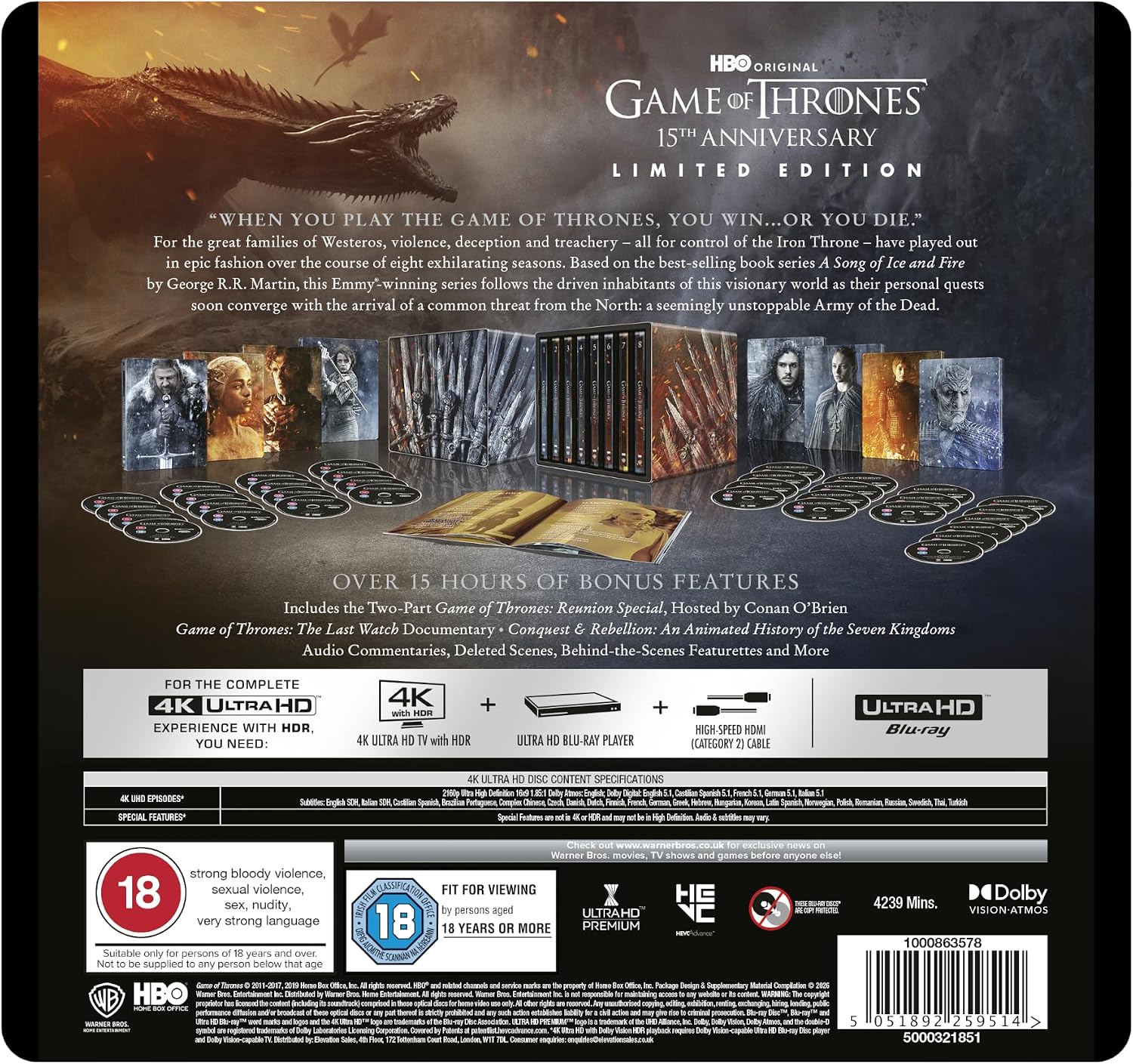 Game of Thrones- The Complete Collection 15th Ann. Limited Edition 8 SteelBooks UK specs
