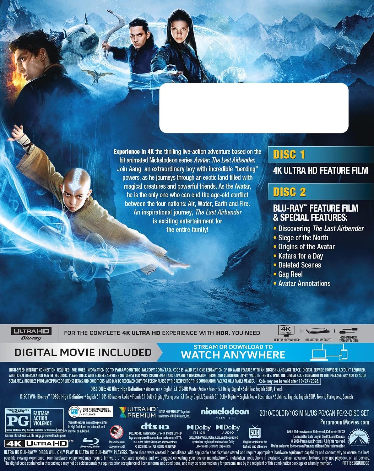 The Last Airbender 4k UHD Paramount specs